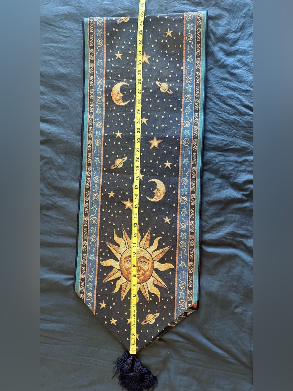Vintage 90โs Sun and Moon Table Runner 70โx13โ - Navy and Gold/Yellow - Picture 8 of 8